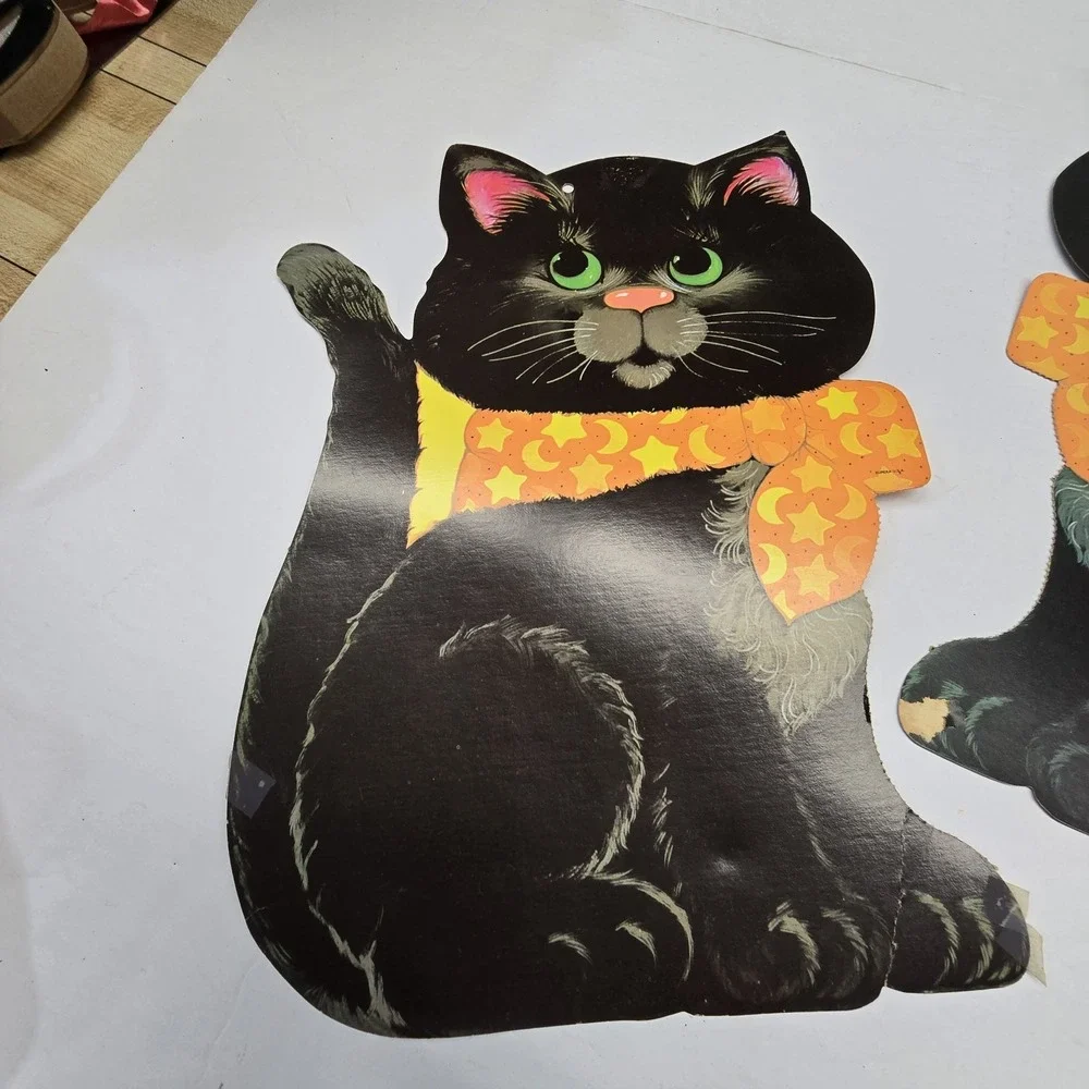 Vintage 80s 90s Halloween EUREKA Die Cut Double Side BLACK CAT Sorcerer SET 2